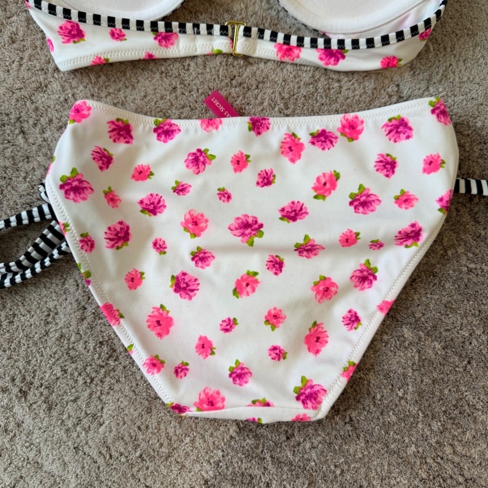 Victorias Secret Floral Striped Push Up Halter Bikini Top White Pink 34C 281678 - Picture 8 of 8